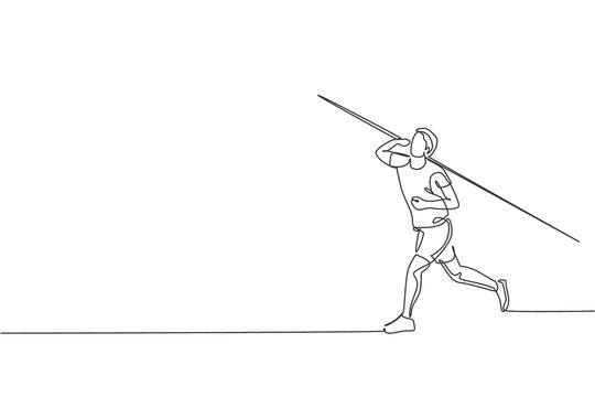 One continuous line drawing of young sporty man exercise to concentrate before throw javelin on the field. Athletic games. Olympic sport concept. Dynamic single line draw design vector illustration