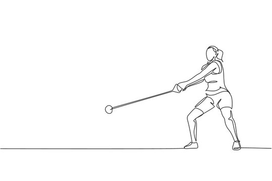 One Continuous Line Drawing Of Young Sporty Woman Exercise To Focus Before Throw Heavy Hammer On The Field. Athletic Games. Olympic Sport Concept. Dynamic Single Line Draw Design Vector Illustration