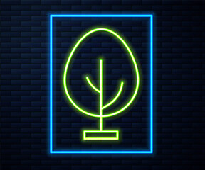 Glowing neon line Tree icon isolated on brick wall background. Forest symbol. Vector.