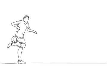 Fototapeta na wymiar One continuous line drawing of young sporty man soccer freestyler player practice hold the ball with calf in the street. Football freestyle sport concept. Single line draw design vector illustration