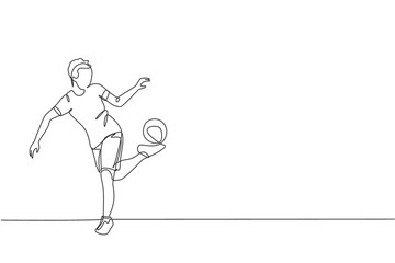 Fototapeta na wymiar One continuous line drawing of young man soccer freestyler practice to hold ball with soles of the feet in the street. Football freestyle sport concept. Single line draw design vector illustration