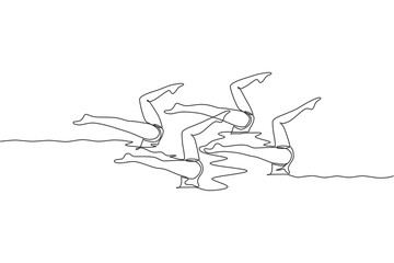 One single line drawing of young beauty women synchronized swimmer performing routine elaborate legs moves in the water vector illustration. Team water sport event concept. Modern continuous line draw