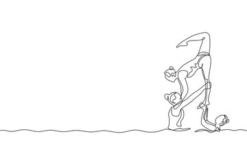 Single continuous line drawing of young sportive women perform beautiful synchronized swimming choreography. Group water sport competition concept. Trendy one line draw design vector illustration
