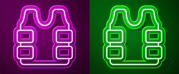 Glowing neon line Bulletproof vest for protection from bullets icon isolated on purple and green background. Body armor sign. Military clothing. Vector.