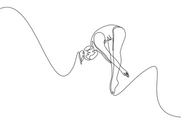Obraz premium Single continuous line drawing of young sportive woman beauty jumping then tumbling and somersaulting in swimming gym center. Water sport event concept. Trendy one line draw design vector illustration
