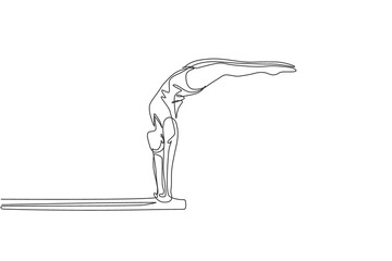 One single line drawing of young energetic woman stand with hand at diving board ready to jump into the pool vector illustration. Healthy lifestyle sport concept. Modern continuous line draw design