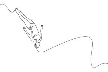 Single continuous line drawing of young sportive woman jumping and falling the body down into the pool for diving training . Water sport event concept. Trendy one line draw design vector illustration