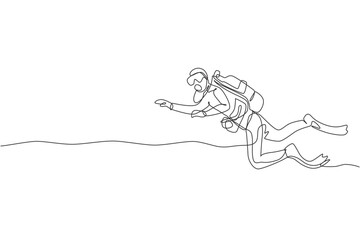 One single line drawing young energetic man do scuba diving at sea ocean to see underwater life world vector illustration graphic. Healthy lifestyle sport concept. Modern continuous line draw design