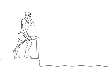 One single line drawing of young sporty fit swimmer woman practice swimming in indoor pool sport center vector illustration. Healthy lifestyle and sport concept. Modern continuous line draw design