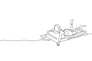 One continuous line drawing of young happy beauty woman relaxing at air mattress in swimming sport center. Summer holidays and vacation concept. Dynamic single line draw design vector illustration