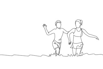 Fototapeta na wymiar Single continuous line drawing of young happy boy and girl, brother and sister playing at beach together. Summer holidays and vacation concept. Trendy one line draw design vector graphic illustration