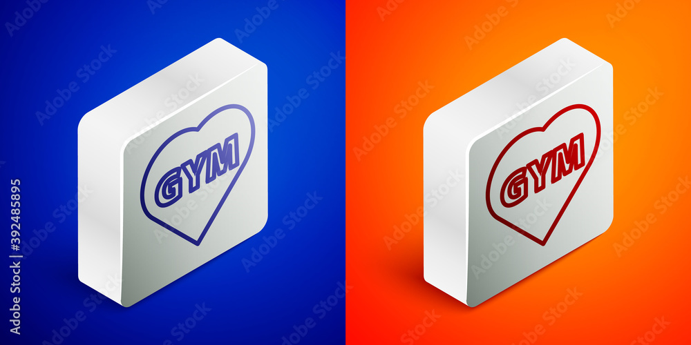 Sticker isometric line fitness gym heart icon isolated on blue and orange background. i love fitness. silver