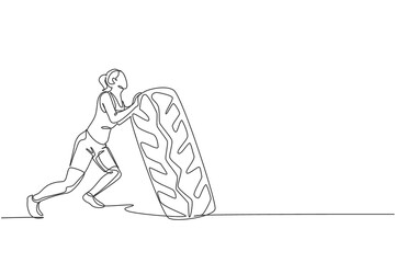 One single line drawing of young energetic woman exercise lift and push big heavy tire in gym fitness center vector illustration. Healthy lifestyle sport concept. Modern continuous line draw design