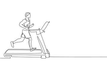 Fototapeta na wymiar Single continuous line drawing of young sportive man training speed run with treadmill in sport gymnasium club center. Fitness stretching concept. Trendy one line draw design vector illustration