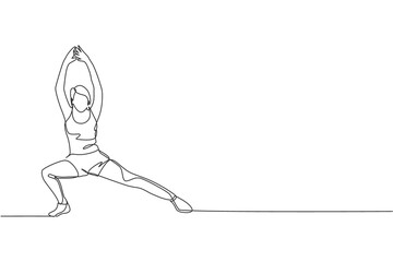 One continuous line drawing of young sporty woman working out stretching in fitness gym club center. Healthy fitness sport concept. Dynamic single line draw design graphic vector illustration
