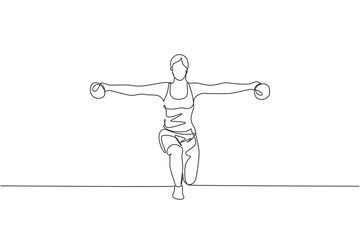 Single continuous line drawing of young sportive woman training lifting dumbbell up and down in sport gymnasium club center. Fitness stretching concept. Trendy one line draw design vector illustration