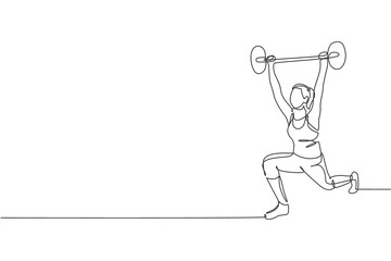 Fototapeta na wymiar One single line drawing of young energetic woman exercise lifting barbell in gym fitness center graphic vector illustration. Healthy lifestyle sport concept. Modern continuous line draw design