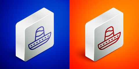 Isometric line Traditional mexican sombrero hat icon isolated on blue and orange background. Silver square button. Vector.