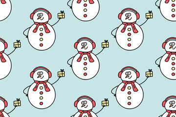 Hand drawn lines cartoon Snowman. Christmas and new year concept. Doodle seamless pattern isolated on blue background. For your fabric, textile design, wrapping paper or wallpaper.