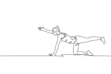One continuous line drawing of young sporty woman working out pilates push up in fitness gym club center. Healthy fitness sport concept. Dynamic single line draw graphic design vector illustration - obrazy, fototapety, plakaty