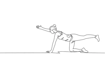 Fotobehang One continuous line drawing of young sporty woman working out pilates push up in fitness gym club center. Healthy fitness sport concept. Dynamic single line draw graphic design vector illustration © Simple Line