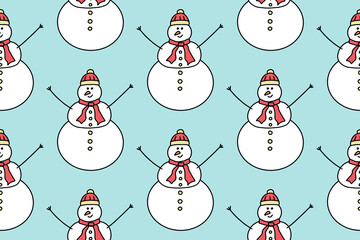 Hand drawn lines cartoon Snowman. Christmas and new year concept. Doodle seamless pattern isolated on bluebackground. For your fabric, textile design, wrapping paper or wallpaper.