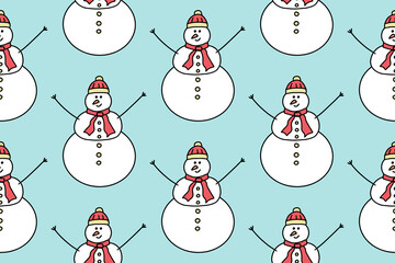 Hand drawn lines cartoon Snowman. Christmas and new year concept. Doodle seamless pattern isolated on bluebackground. For your fabric, textile design, wrapping paper or wallpaper.