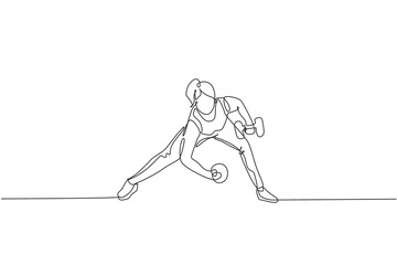 One single line drawing of young energetic woman exercise lifting dumbbells up and down in gym fitness center vector illustration. Healthy lifestyle sport concept. Modern continuous line draw design