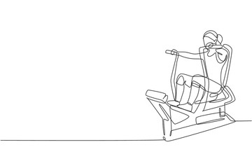 One continuous line drawing of young sporty woman working out with bench press in fitness gym club center. Healthy fitness sport concept. Dynamic single line draw design vector graphic illustration