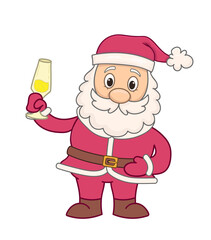 santa claus with a glass of champagne. vector in cartoon style. isolated on white background