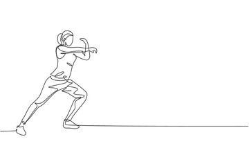 One continuous line drawing of young sporty woman work stretching out and warming up in fitness gym club center. Healthy fitness sport concept. Dynamic single line draw design vector illustration
