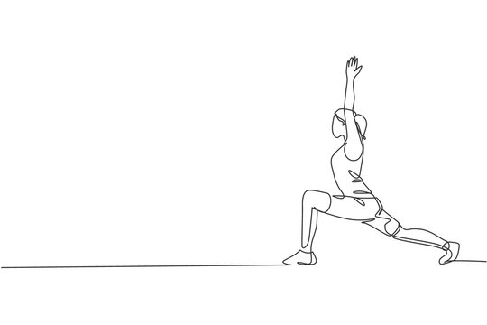 Single continuous line drawing of young sportive woman training low lunge pose in sport gymnasium club center. Fitness stretching concept. Trendy one line draw design graphic vector illustration
