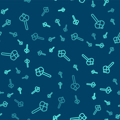 Green line Stone age hammer icon isolated seamless pattern on blue background. Vector.