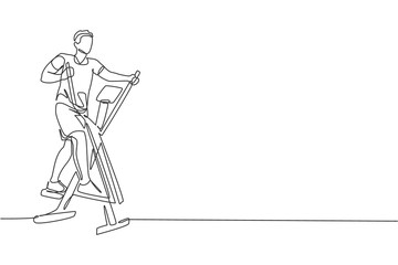 One continuous line drawing of young sporty man working out with elliptical cross in fitness gym club center. Healthy fitness sport concept. Dynamic single line draw graphic design vector illustration