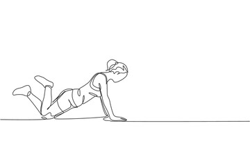 One single line drawing of young energetic woman exercise pilates push up pose in gym fitness center vector illustration graphic. Healthy lifestyle sport concept. Modern continuous line draw design
