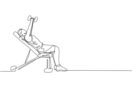 One single line drawing of young energetic man exercise with bench press in gym fitness center graphic vector illustration. Healthy lifestyle sport concept. Modern continuous line draw design