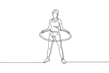 One single line drawing of young energetic woman fun exercise with hula hoop in gym fitness center graphic vector illustration. Healthy lifestyle sport concept. Modern continuous line draw design