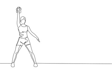 One single line drawing of young energetic woman exercise lifting kettlebell with hand in gym fitness center vector illustration. Healthy lifestyle sport concept. Modern continuous line draw design