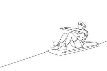One single line drawing of young energetic woman exercise lying and sit up on mattress in gym fitness center vector illustration. Healthy lifestyle sport concept. Modern continuous line draw design