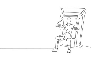 Single continuous line drawing of young sportive man training with bench press in sport gymnasium club center. Fitness stretching concept. Trendy one line draw design graphic vector illustration
