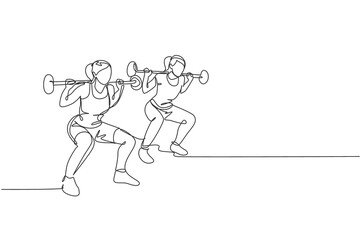 One continuous line drawing of two young sporty women working out lifting barbell with squat pose in fitness gym club center. Healthy fitness sport concept. Single line draw design vector illustration