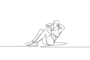 One single line drawing young woman working out doing sit up in gym to strengthen body vector illustration. Fitness sport bodybuilding and healthy lifestyle concept. Modern continuous line draw design