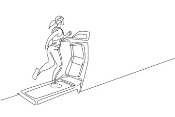 Fototapeta na wymiar One single line drawing of young energetic woman working out in gym to strengthen body vector illustration. Fitness sport bodybuilding and healthy lifestyle concept. Modern continuous line draw design