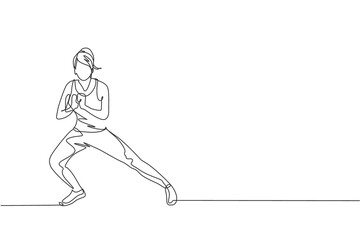 Fototapeta na wymiar One continuous line drawing of young woman training doing side lunge in fitness training gym. Healthy sport lifestyle concept. Stretching work out. Dynamic single line draw design vector illustration