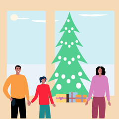 Christmas tree of gifts in the family circle for various purposes. Traditional holiday. Black father, daughter and mother in festive seasonal clothes look at boxes near the holiday tree. flat vector. 