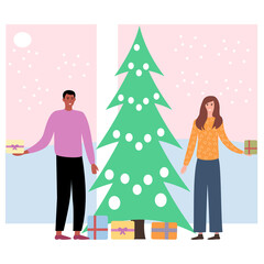
Modern Christmas greeting illustration. A guy and a girl in winter clothes give each other gifts for Christmas near the Christmas tree. Vector design. Traditional holiday. Happy New Year. Family 