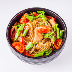 delicious glass noodles with chicken and vegetables on a white acrylic background
