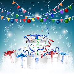 Fototapeta na wymiar Christmas ornaments with snow flexes on winter background 
