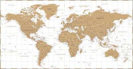 World Map - Vintage Golden Political - Vector Detailed Illustration