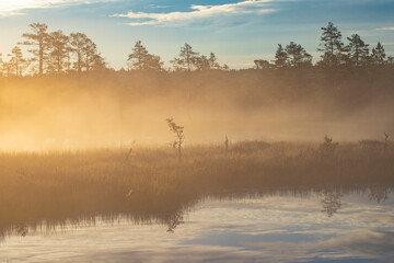 Obraz na płótnie Canvas Early morning fog by a lake during sunrise